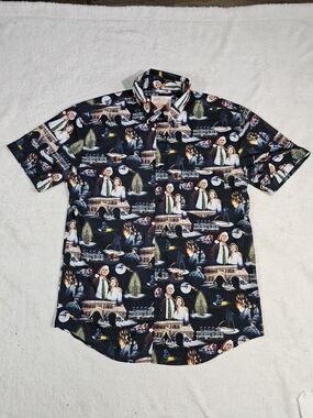 RSVLTS Black Short-Sleeve Button-Up Shirt with Scenic Graphic Print.